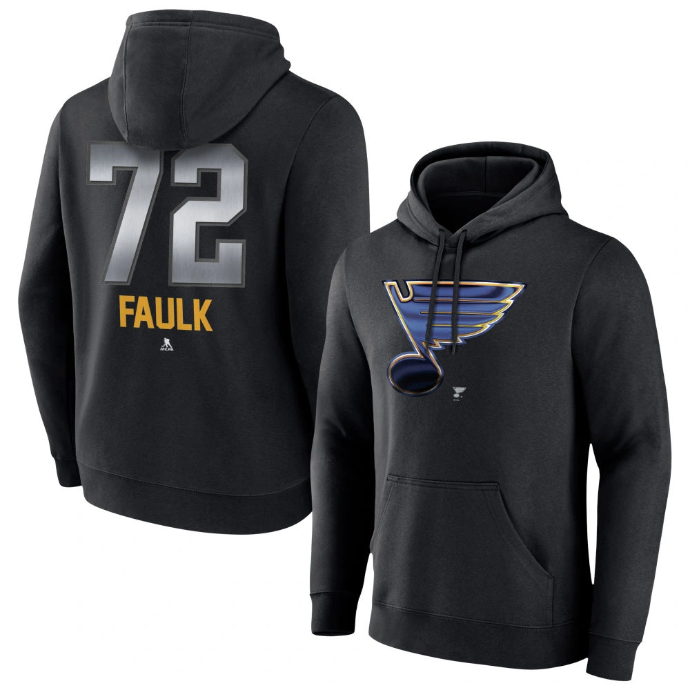 Men's St. Louis Blues Black Midnight Mascot Logo Justin Faulk Player Pullover Hoodie Men's St. Louis Blues Black Midnight Mascot Logo Justin Faulk Player Pullover Hoodie