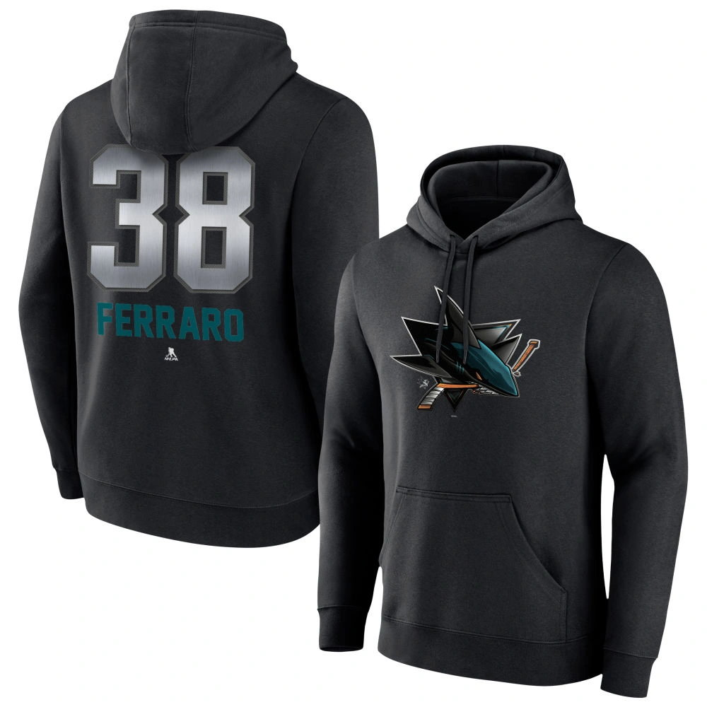 Men's San Jose Sharks Black Midnight Mascot Logo Mario Ferraro Player Pullover Hoodie Men's San Jose Sharks Black Midnight Mascot Logo Mario Ferraro Player Pullover Hoodie