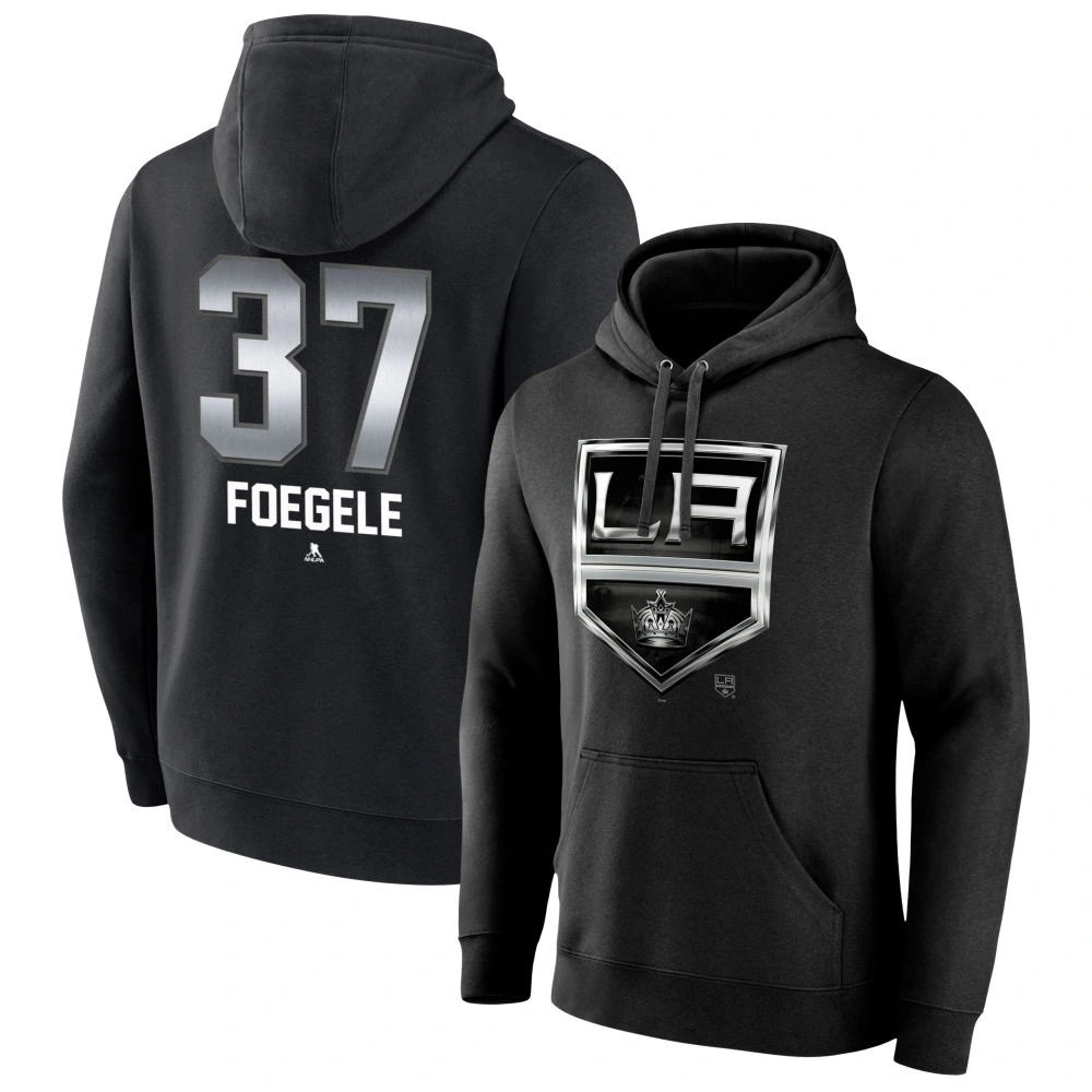 Men's Los Angeles Kings Black Midnight Mascot Logo Warren Foegele Player Pullover Hoodie Men's Los Angeles Kings Black Midnight Mascot Logo Warren Foegele Player Pullover Hoodie