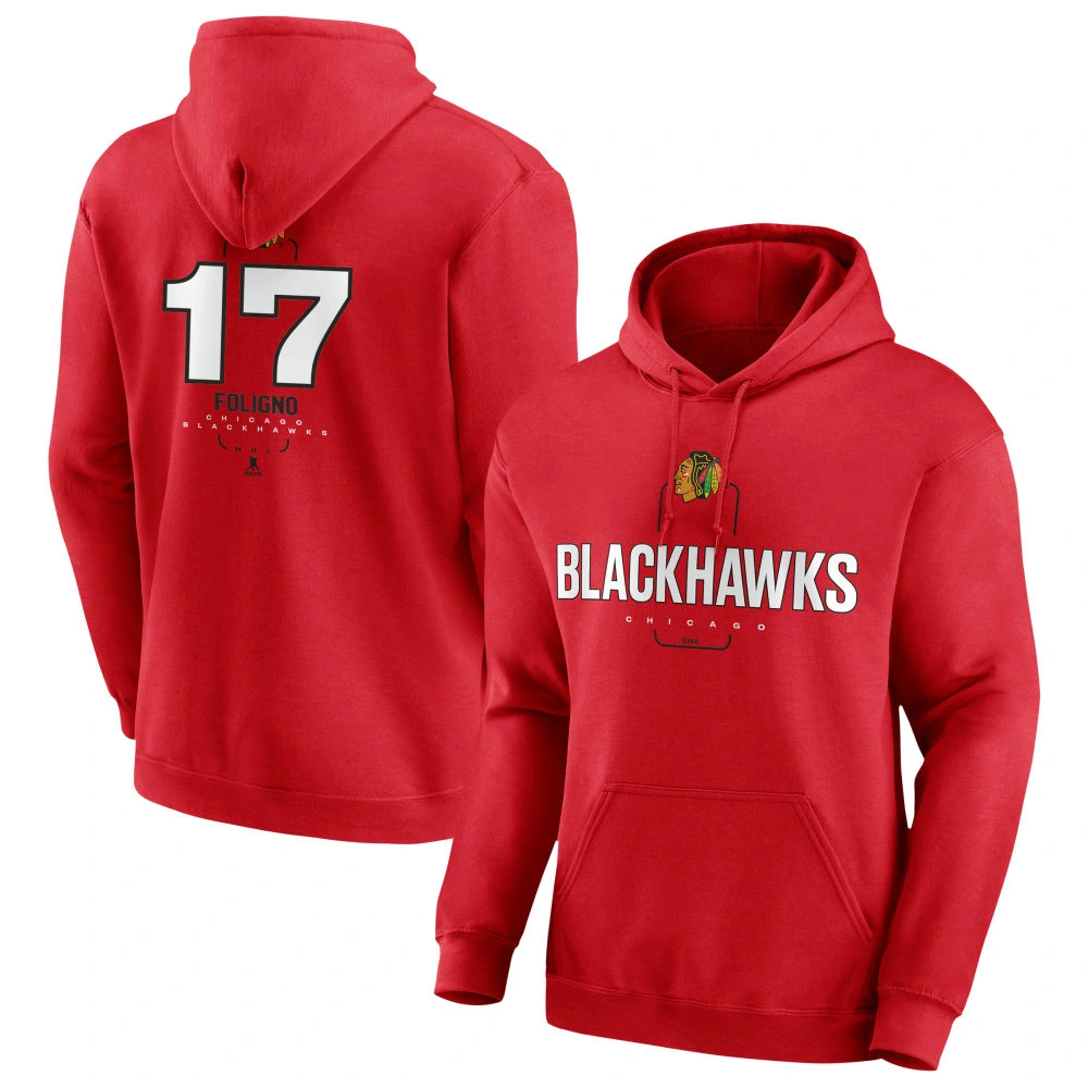 Men's Chicago Blackhawks Red Midfielder Nick Foligno Player Pullover Hoodie Men's Chicago Blackhawks Red Midfielder Nick Foligno Player Pullover Hoodie