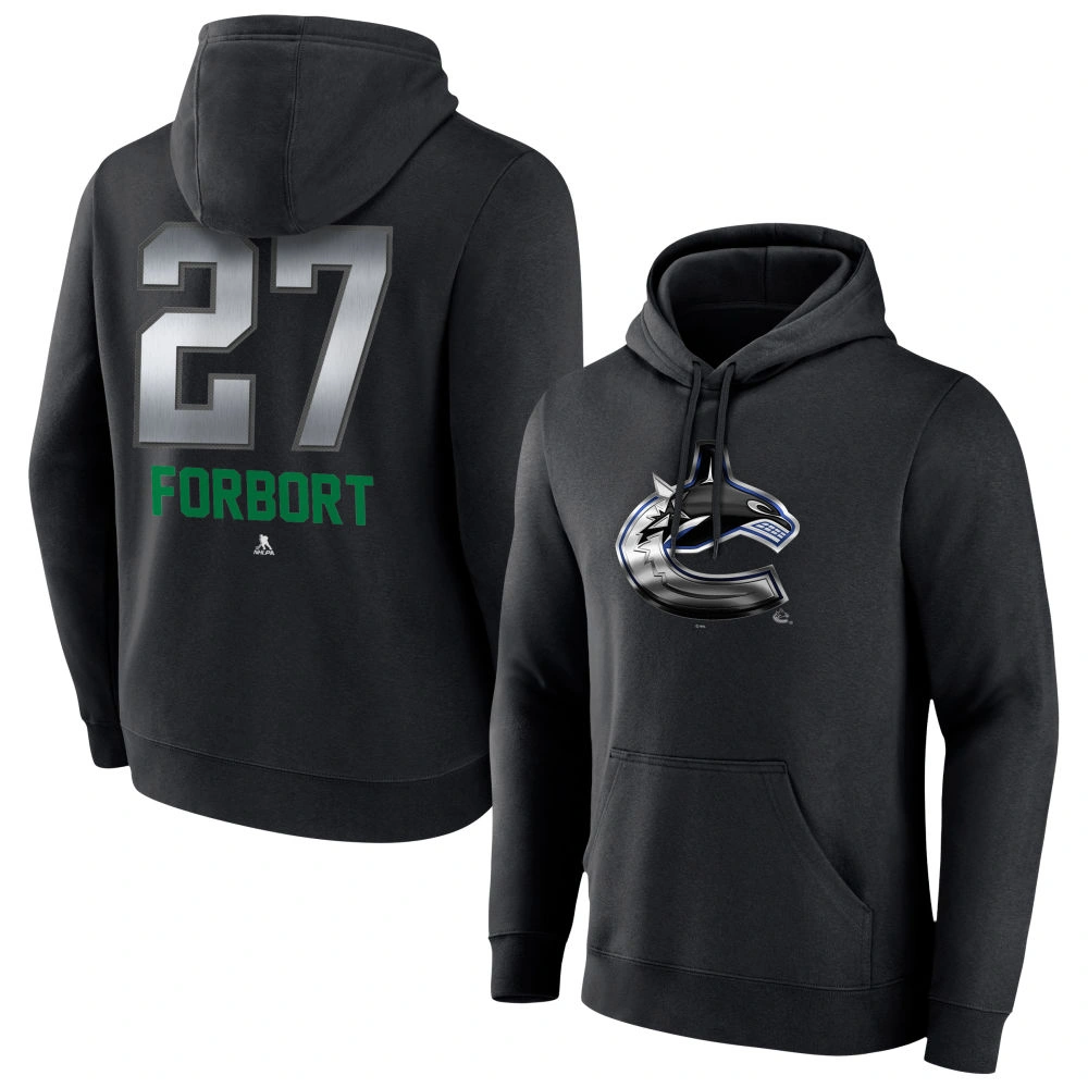Men's Vancouver Canucks Black Midnight Mascot Logo Derek Forbort Player Pullover Hoodie Men's Vancouver Canucks Black Midnight Mascot Logo Derek Forbort Player Pullover Hoodie