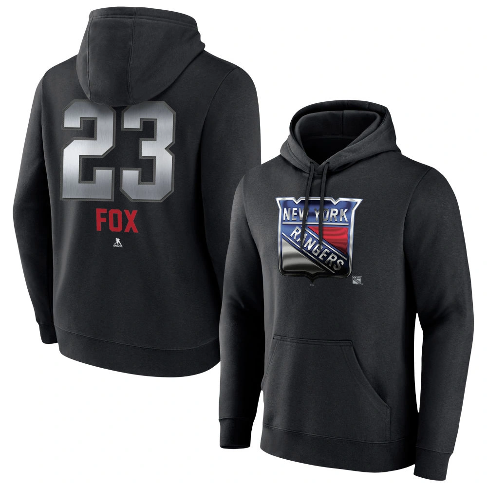 Men's New York Rangers Black Midnight Mascot Logo Adam Fox Player Pullover Hoodie