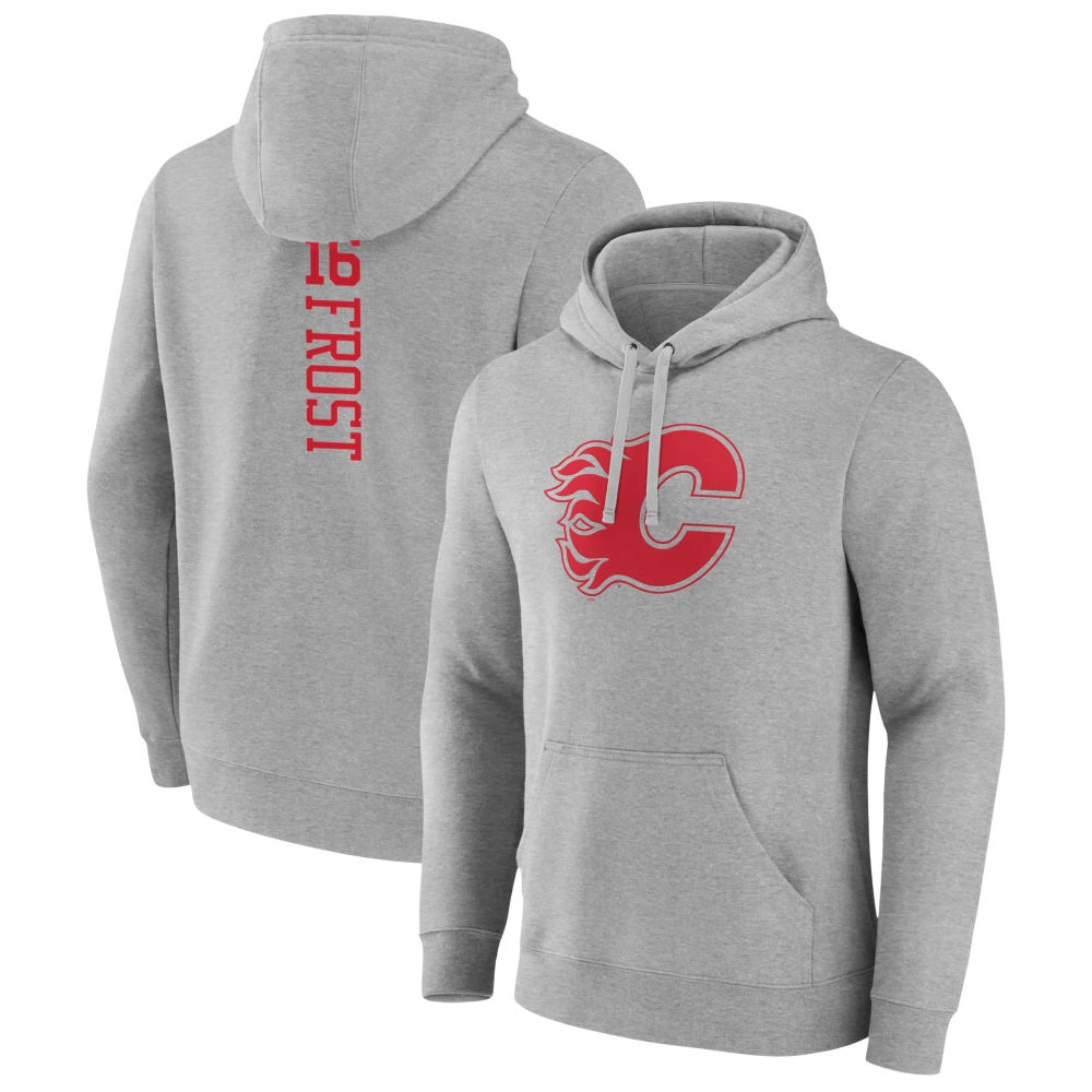 Men's Calgary Flames Heather Gray Morgan Frost Player Pullover Hoodie Men's Calgary Flames Heather Gray Morgan Frost Player Pullover Hoodie