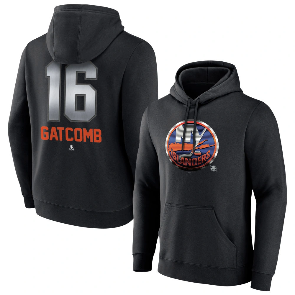 Men's New York Islanders Black Midnight Mascot Logo Marc Gatcomb Player Pullover Hoodie Men's New York Islanders Black Midnight Mascot Logo Marc Gatcomb Player Pullover Hoodie