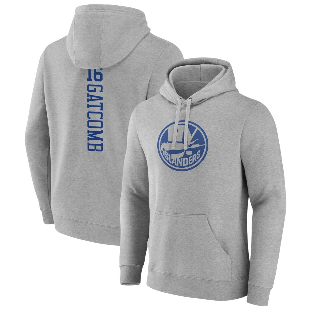 Men's New York Islanders Heather Gray Marc Gatcomb Player Pullover Hoodie Men's New York Islanders Heather Gray Marc Gatcomb Player Pullover Hoodie
