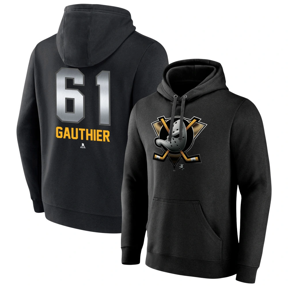 Youth Anaheim Ducks Black Midnight Mascot Logo Cutter Gauthier #61 Pullover Hoodie