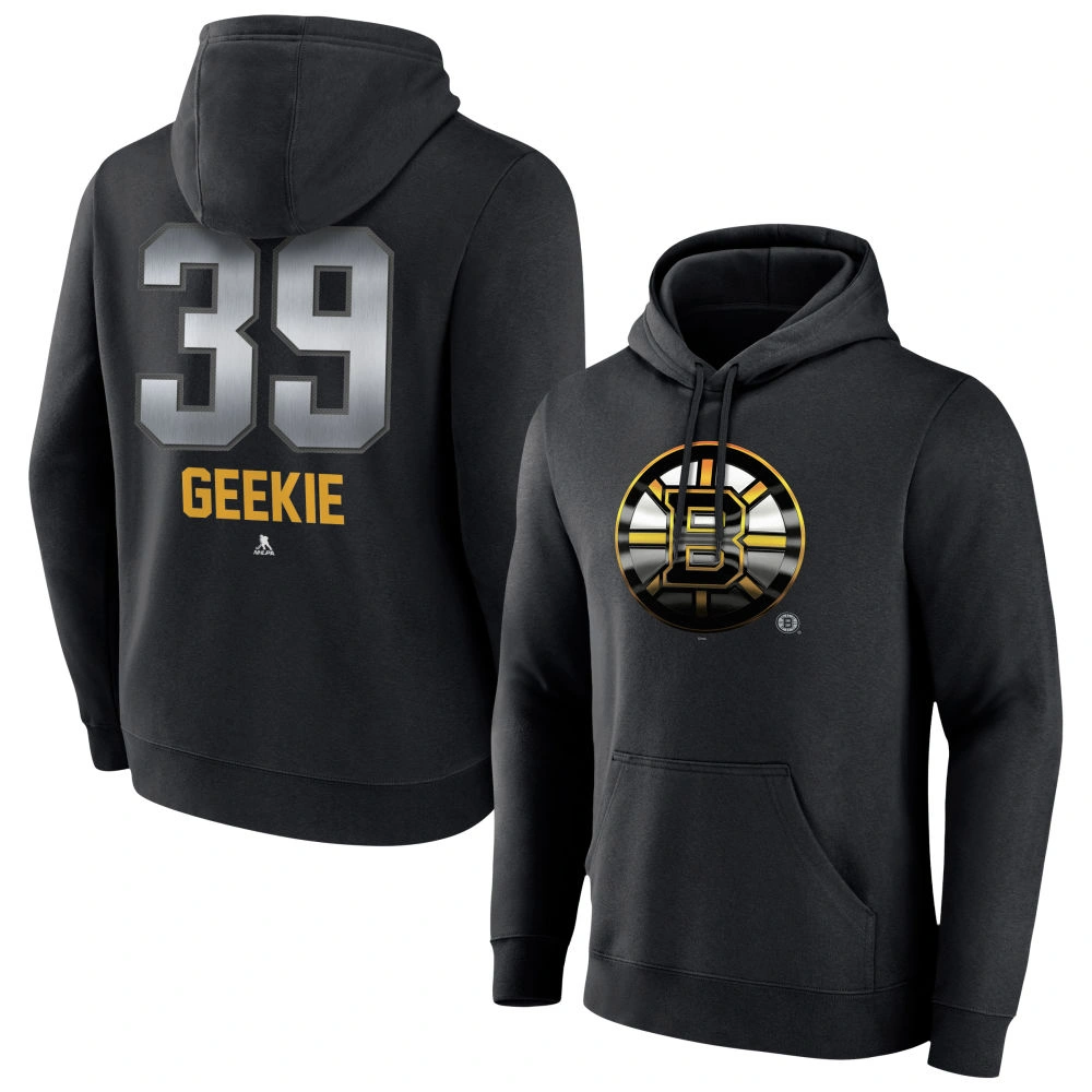 Men's Boston Bruins Black Midnight Mascot Logo Morgan Geekie #39 Player Pullover Hoodie Men's Boston Bruins Black Midnight Mascot Logo Morgan Geekie #39 Player Pullover Hoodie