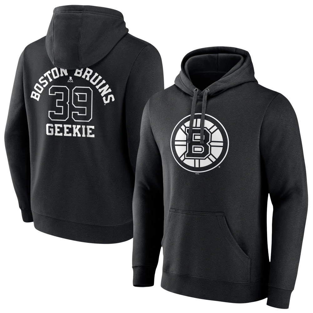 Men's Boston Bruins Black Monochrome Morgan Geekie #39 Player Pullover Hoodie Men's Boston Bruins Black Monochrome Morgan Geekie #39 Player Pullover Hoodie