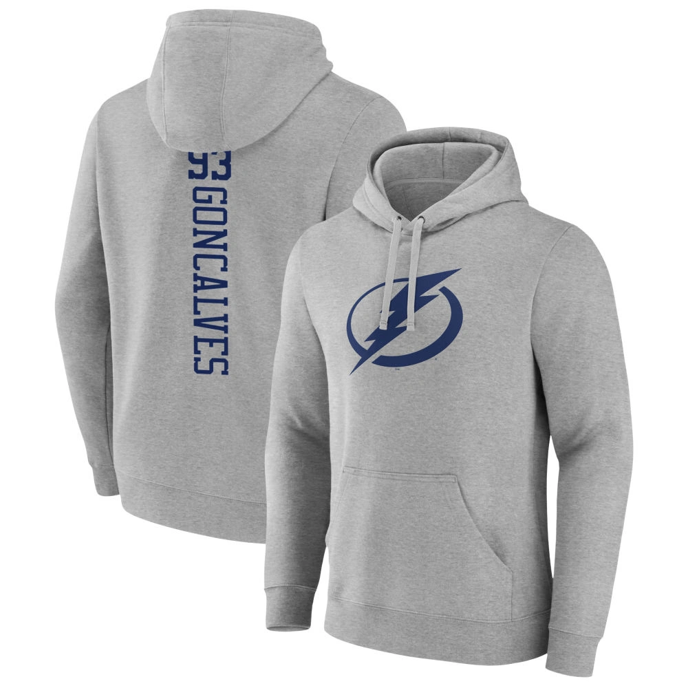 Men's Tampa Bay Lightning Heather Gray Gage Goncalves Player Pullover Hoodie Men's Tampa Bay Lightning Heather Gray Gage Goncalves Player Pullover Hoodie
