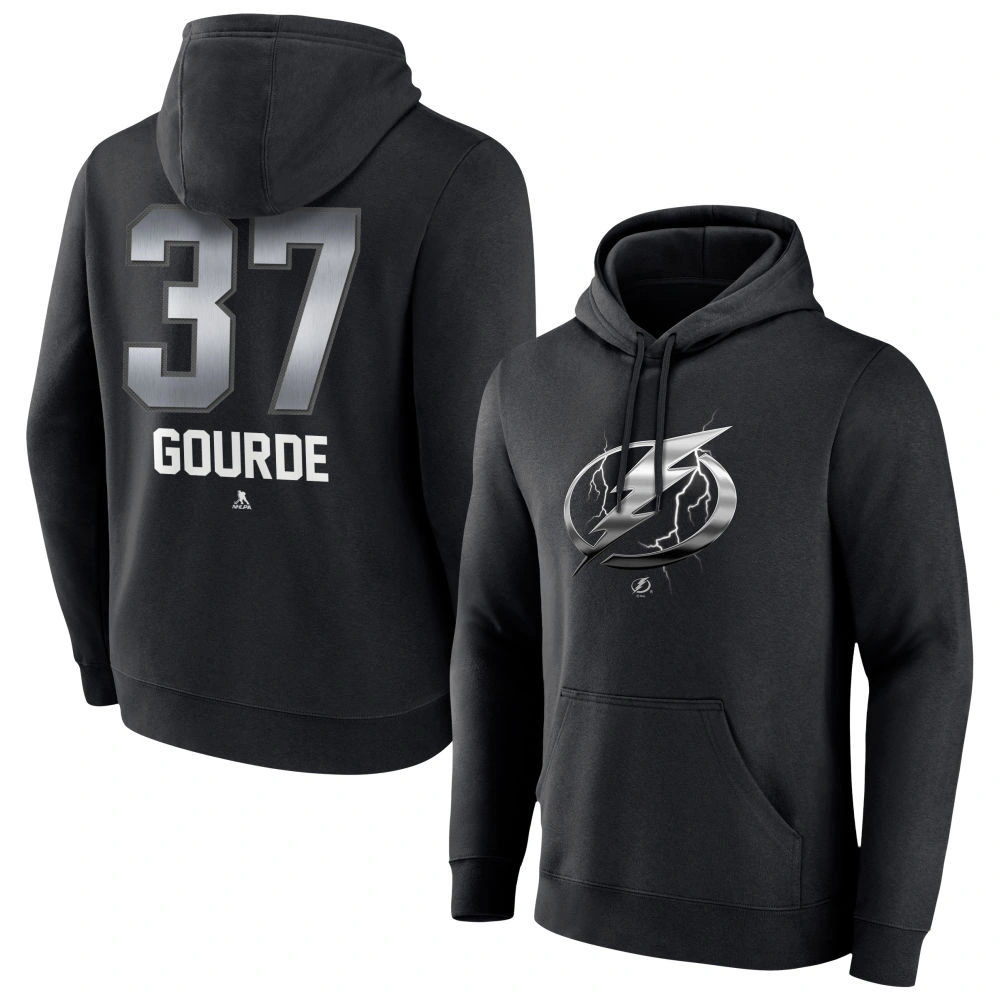 Men's Tampa Bay Lightning Black Midnight Mascot Logo Yanni Gourde Player Pullover Hoodie