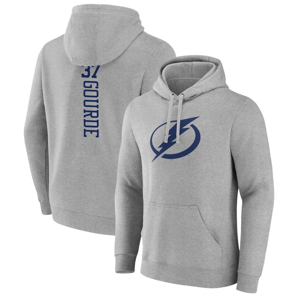 Men's Tampa Bay Lightning Heather Gray Yanni Gourde Player Pullover Hoodie Men's Tampa Bay Lightning Heather Gray Yanni Gourde Player Pullover Hoodie