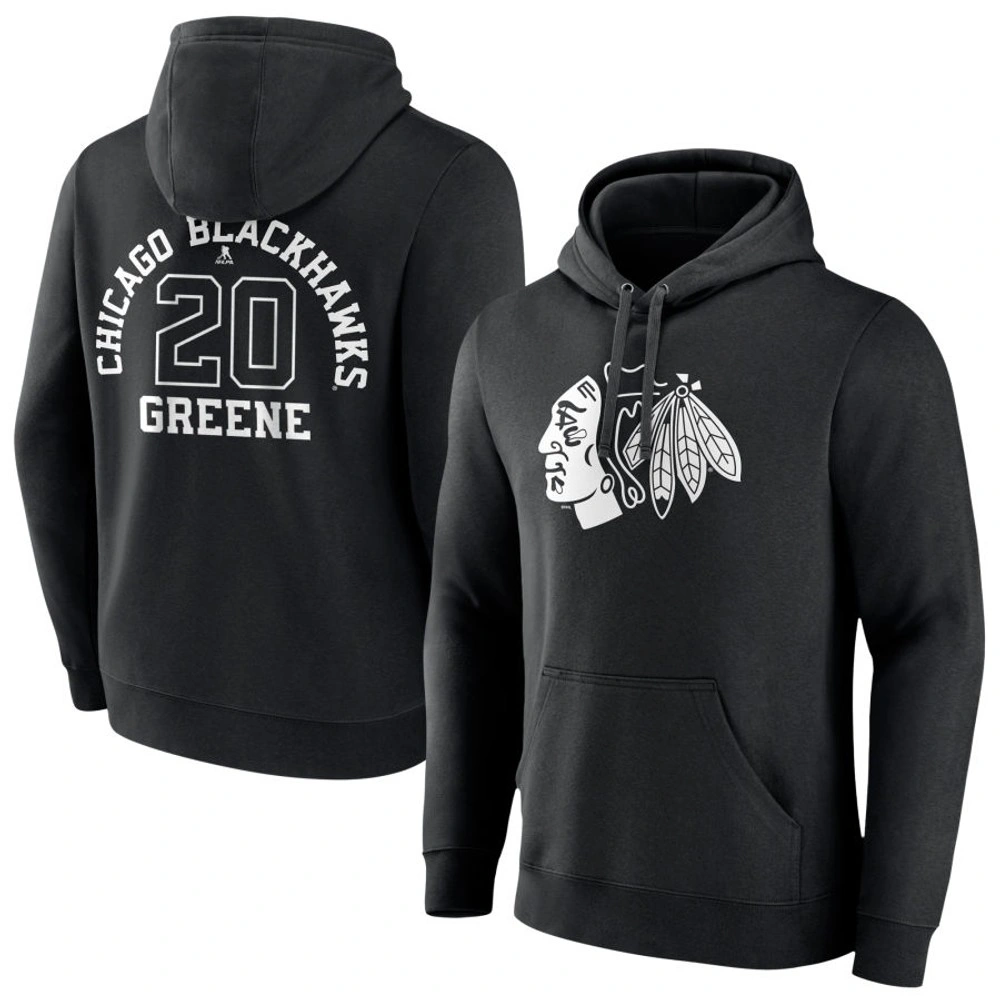 Men's Chicago Blackhawks Black Monochrome Ryan Greene Player Pullover Hoodie Men's Chicago Blackhawks Black Monochrome Ryan Greene Player Pullover Hoodie