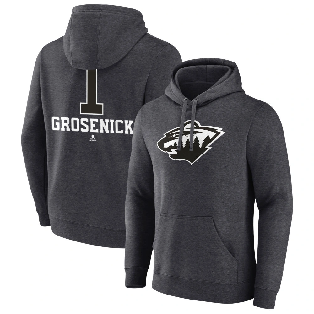 Men's Minnesota Wild Charcoal Monochrome Troy Grosenick Player Pullover Hoodie Men's Minnesota Wild Charcoal Monochrome Troy Grosenick Player Pullover Hoodie