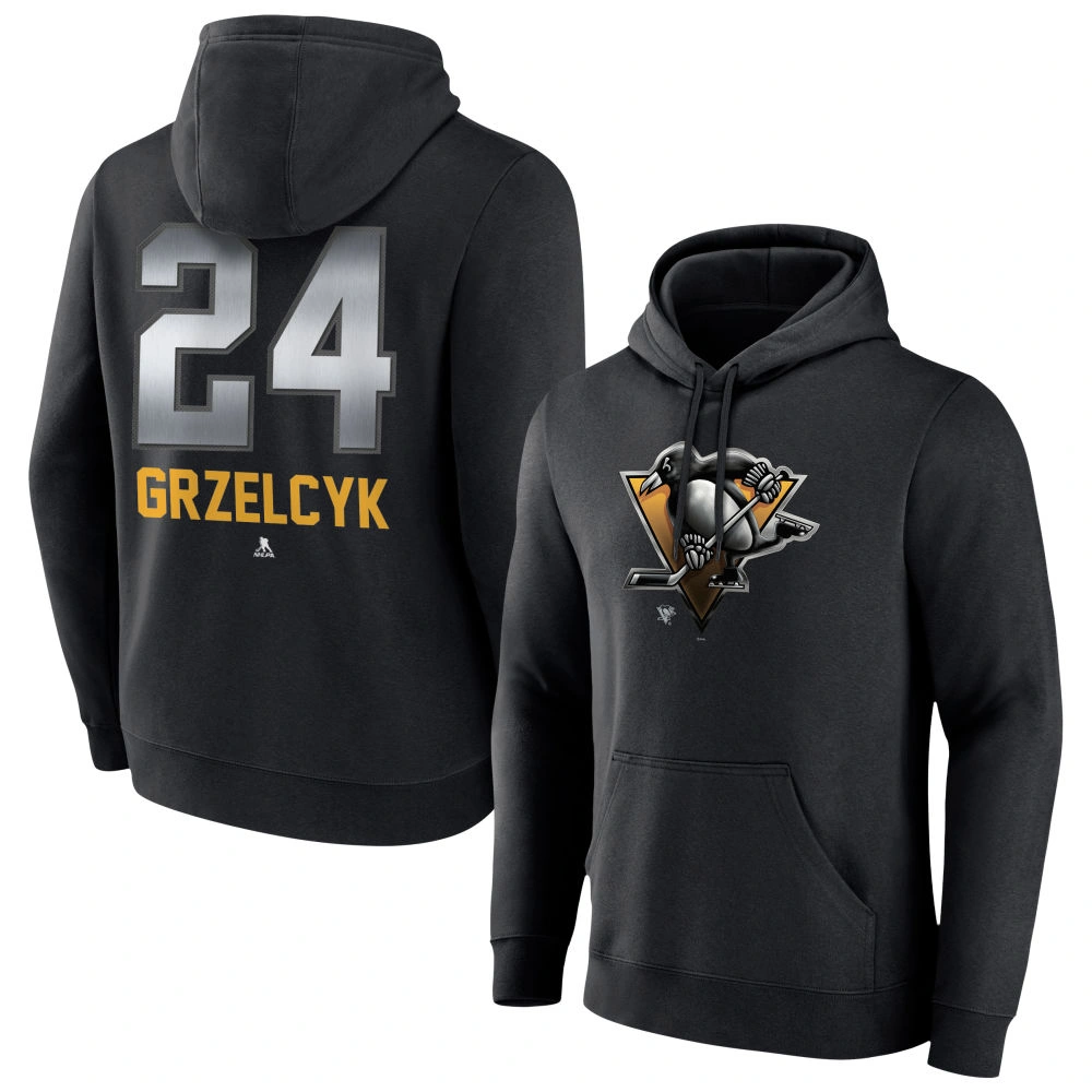 Men's Pittsburgh Penguins Black Midnight Mascot Logo Matt Grzelcyk Player Pullover Hoodie Men's Pittsburgh Penguins Black Midnight Mascot Logo Matt Grzelcyk Player Pullover Hoodie
