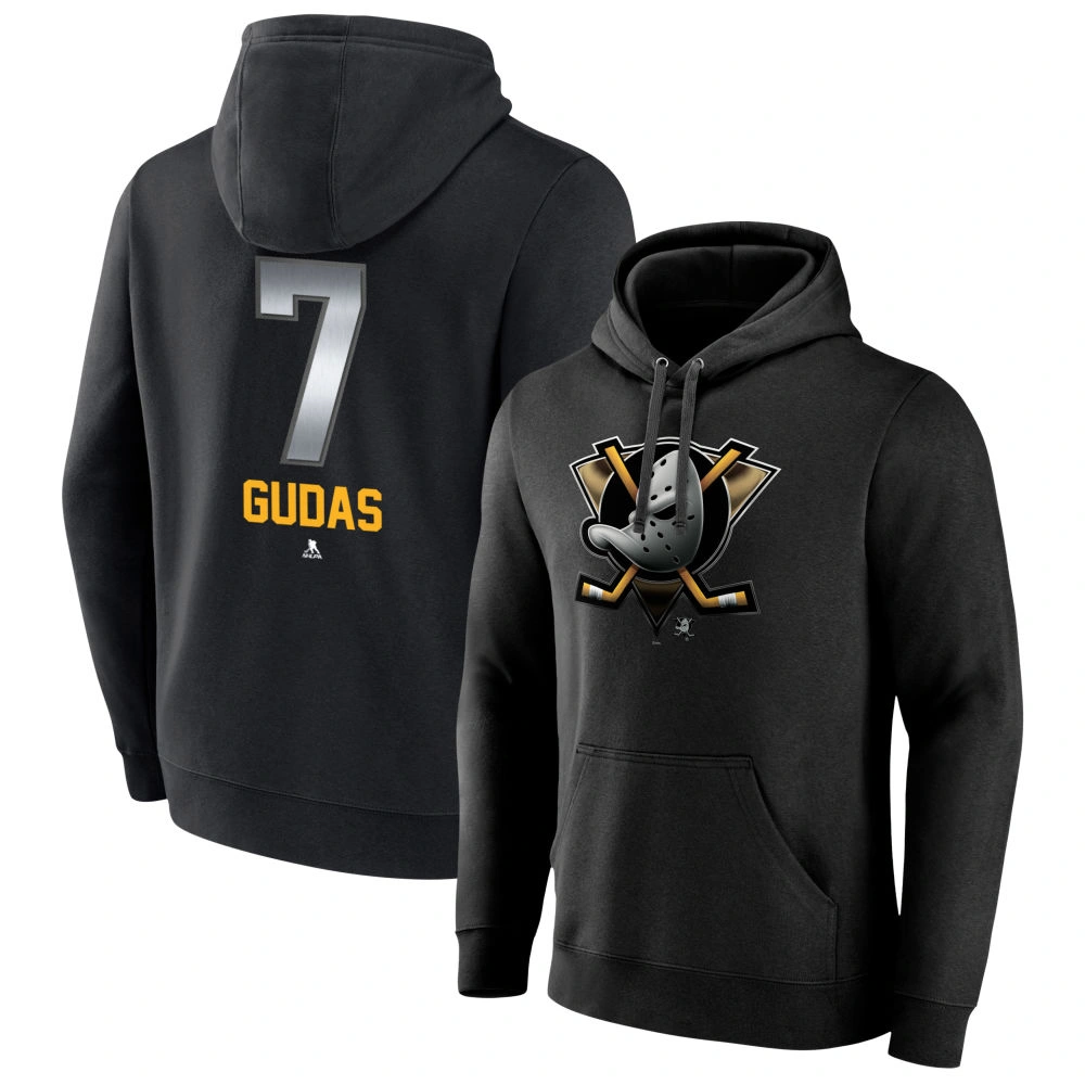 Youth Anaheim Ducks Black Midnight Mascot Logo Radko Gudas #7 Pullover Hoodie Youth Anaheim Ducks Black Midnight Mascot Logo Radko Gudas #7 Pullover Hoodie