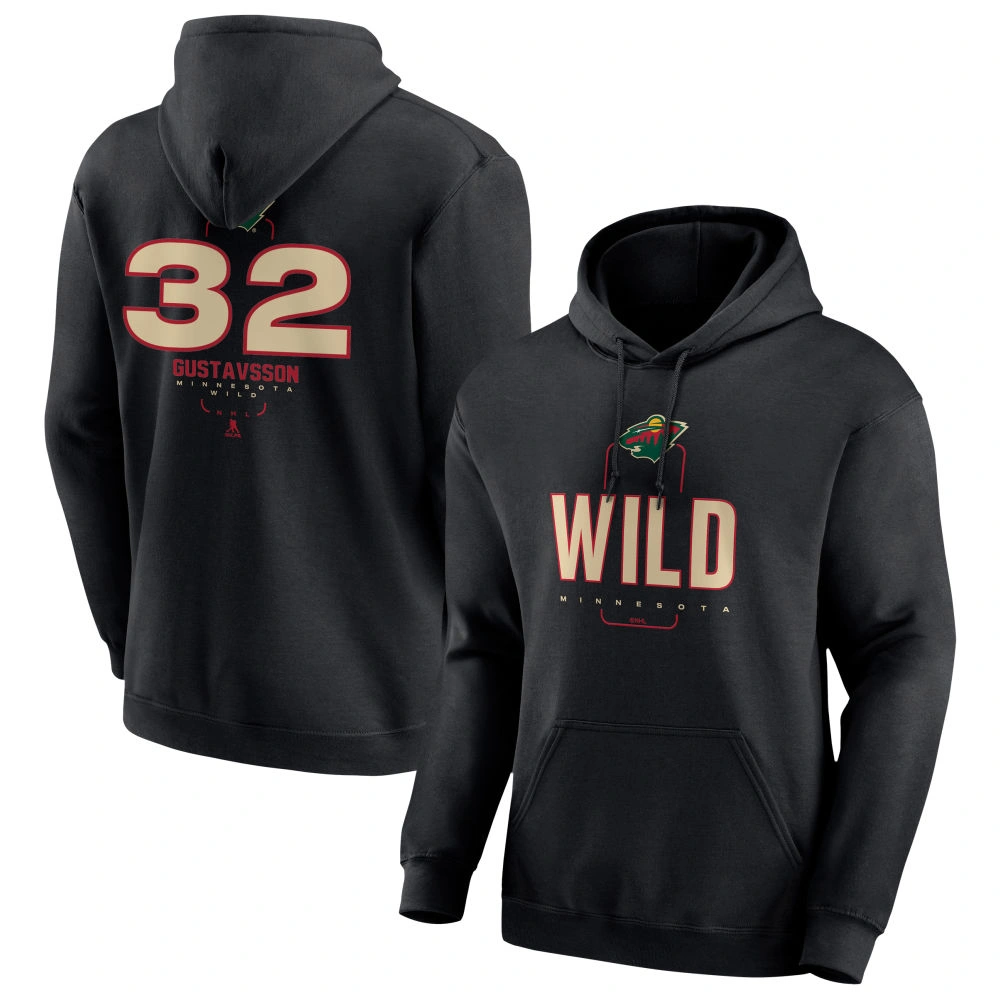 Men's Minnesota Wild Black Midfielder Filip Gustavsson Player Pullover Hoodie Men's Minnesota Wild Black Midfielder Filip Gustavsson Player Pullover Hoodie