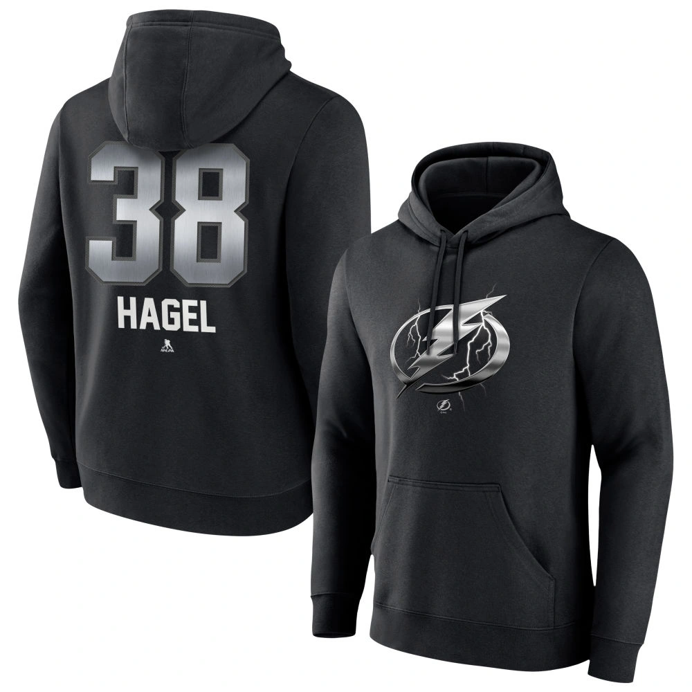 Men's Tampa Bay Lightning Black Midnight Mascot Logo Brandon Hagel Player Pullover Hoodie Men's Tampa Bay Lightning Black Midnight Mascot Logo Brandon Hagel Player Pullover Hoodie