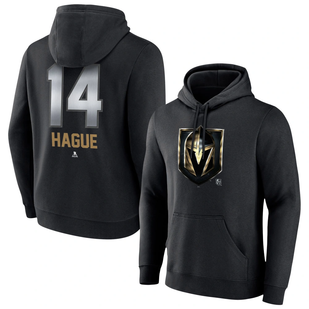 Men's Vegas Golden Knights Black Midnight Mascot Logo Nicolas Hague Player Pullover Hoodie Men's Vegas Golden Knights Black Midnight Mascot Logo Nicolas Hague Player Pullover Hoodie