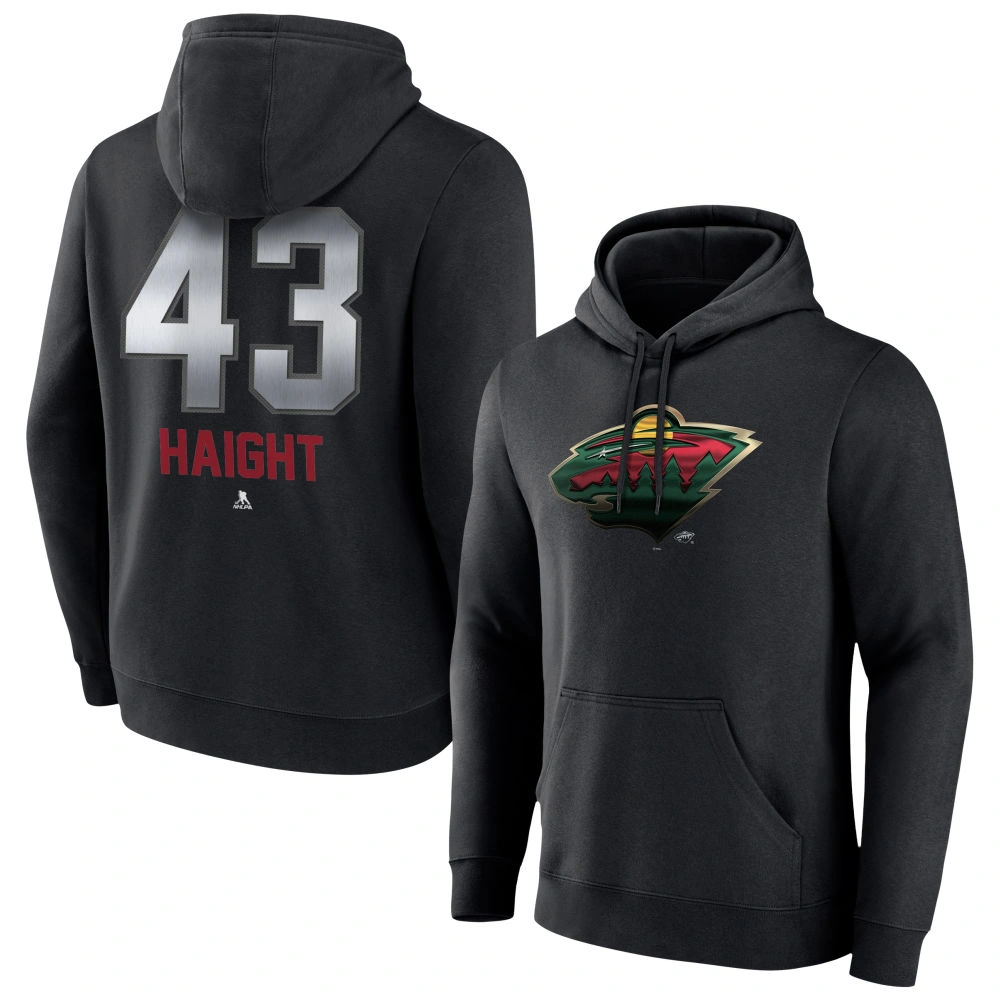 Men's Minnesota Wild Black Midnight Mascot Logo Hunter Haight Player Pullover Hoodie Men's Minnesota Wild Black Midnight Mascot Logo Hunter Haight Player Pullover Hoodie