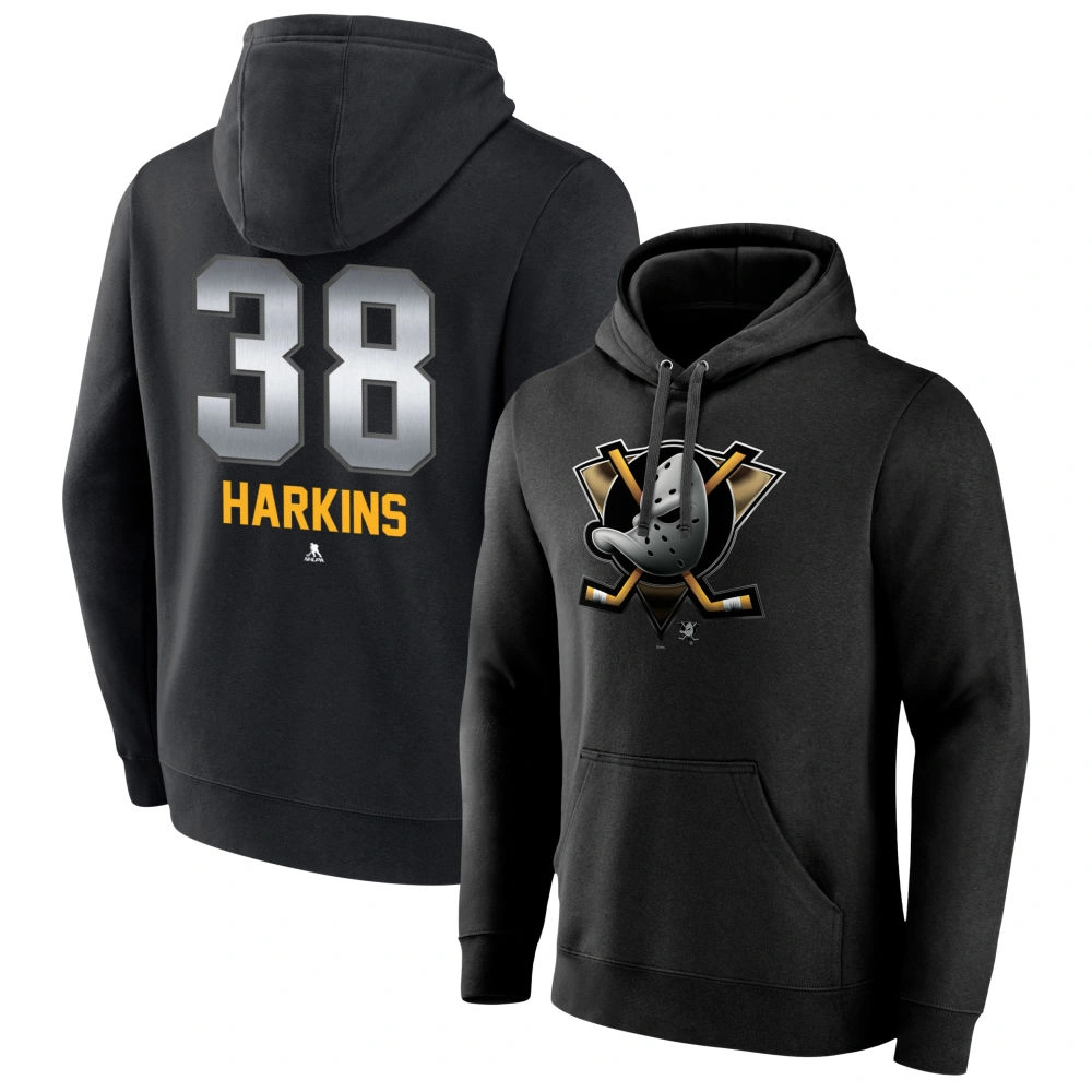 Youth Anaheim Ducks Black Midnight Mascot Logo Jansen Harkins #38 Pullover Hoodie Youth Anaheim Ducks Black Midnight Mascot Logo Jansen Harkins #38 Pullover Hoodie