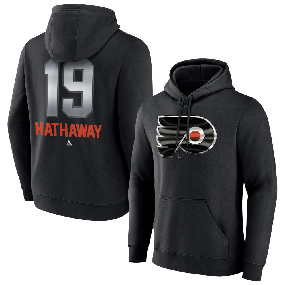 Men's Philadelphia Flyers Black Midnight Mascot Logo Garnet Hathaway Player Pullover Hoodie Men's Philadelphia Flyers Black Midnight Mascot Logo Garnet Hathaway Player Pullover Hoodie