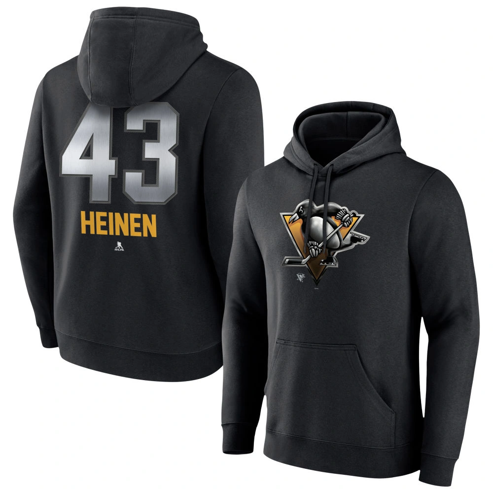 Men's Pittsburgh Penguins Black Midnight Mascot Logo Danton Heinen Player Pullover Hoodie Men's Pittsburgh Penguins Black Midnight Mascot Logo Danton Heinen Player Pullover Hoodie