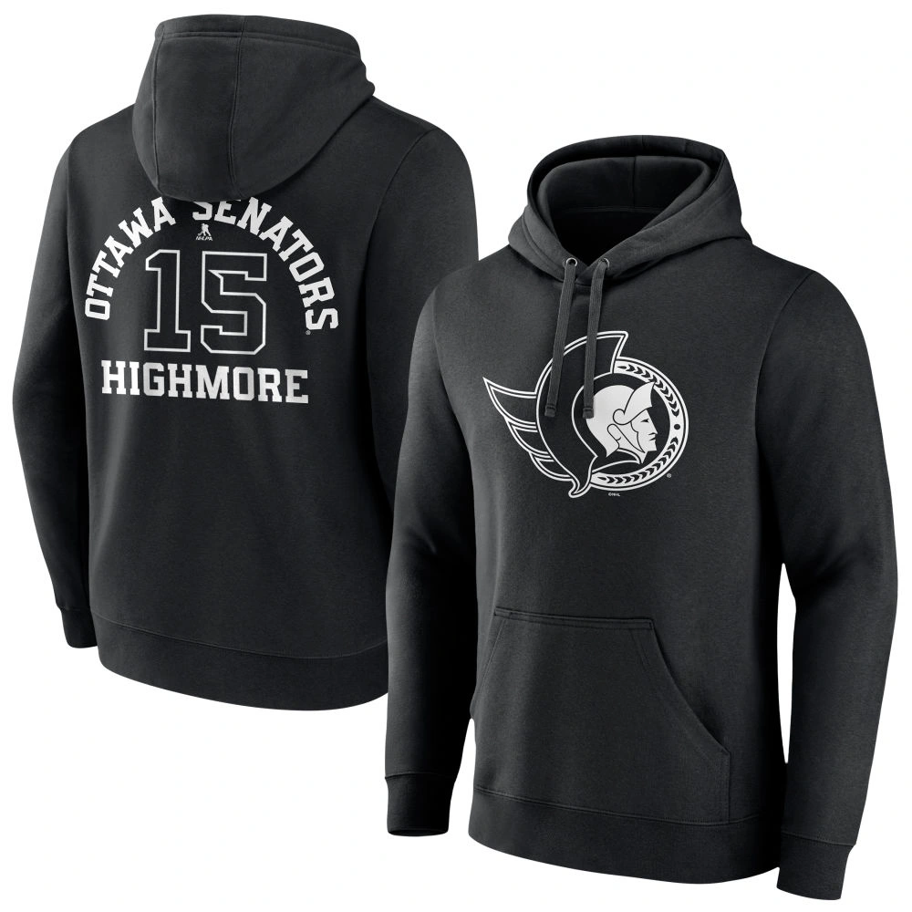 Men's Ottawa Senators Black Monochrome Matthew Highmore Player Pullover Hoodie Men's Ottawa Senators Black Monochrome Matthew Highmore Player Pullover Hoodie