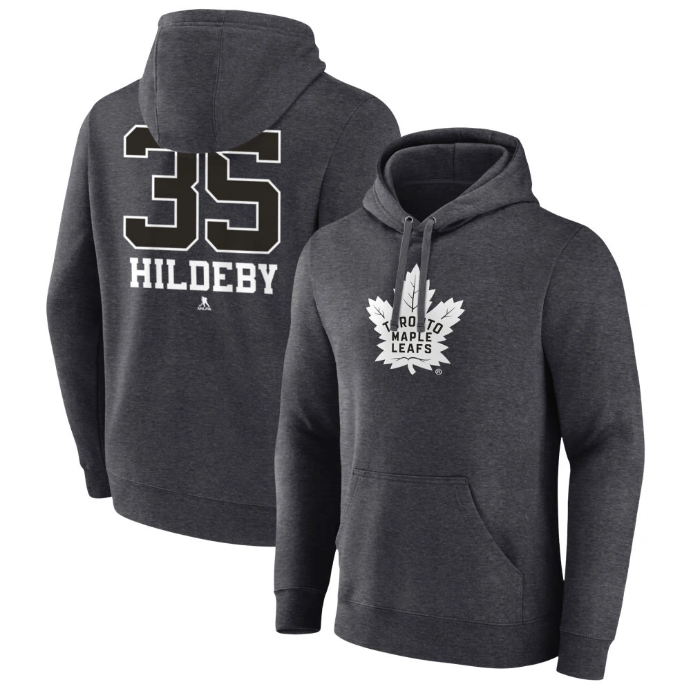 Men's Toronto Maple Leafs Charcoal Monochrome Dennis Hildeby Player Pullover Hoodie Men's Toronto Maple Leafs Charcoal Monochrome Dennis Hildeby Player Pullover Hoodie