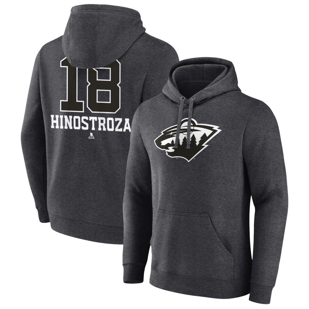 Men's Minnesota Wild Charcoal Monochrome Vinnie Hinostroza Player Pullover Hoodie Men's Minnesota Wild Charcoal Monochrome Vinnie Hinostroza Player Pullover Hoodie
