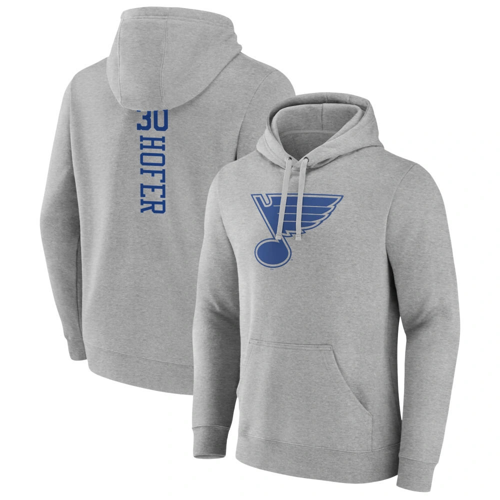 Men's St. Louis Blues Heather Gray Joel Hofer Player Pullover Hoodie Men's St. Louis Blues Heather Gray Joel Hofer Player Pullover Hoodie