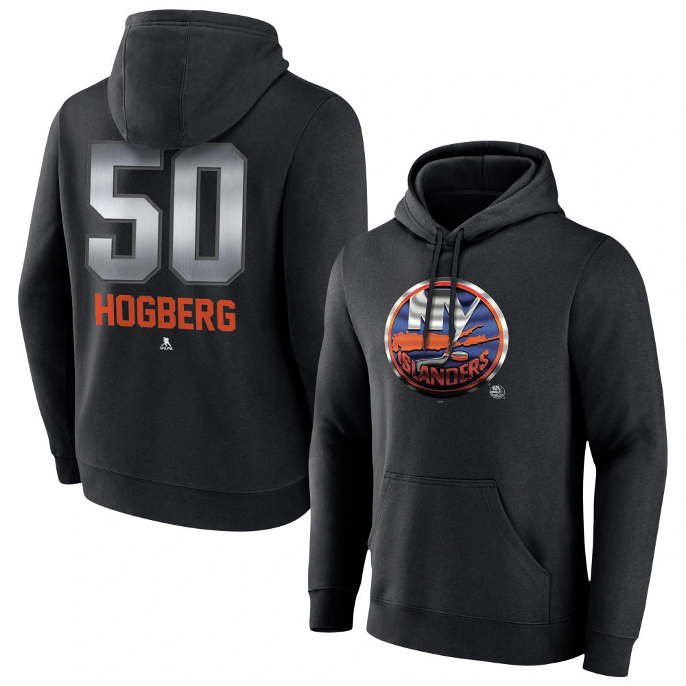 Men's New York Islanders Black Midnight Mascot Logo Marcus Hogberg Player Pullover Hoodie