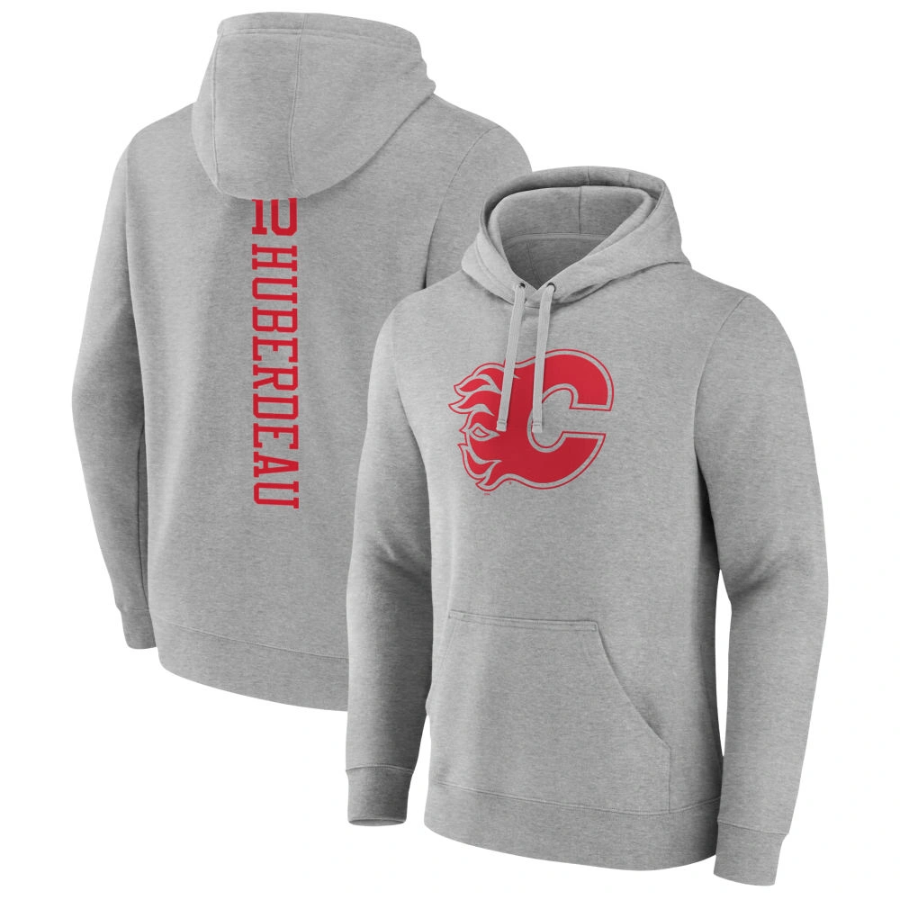 Men's Calgary Flames Heather Gray Jonathan Huberdeau Player Pullover Hoodie Men's Calgary Flames Heather Gray Jonathan Huberdeau Player Pullover Hoodie