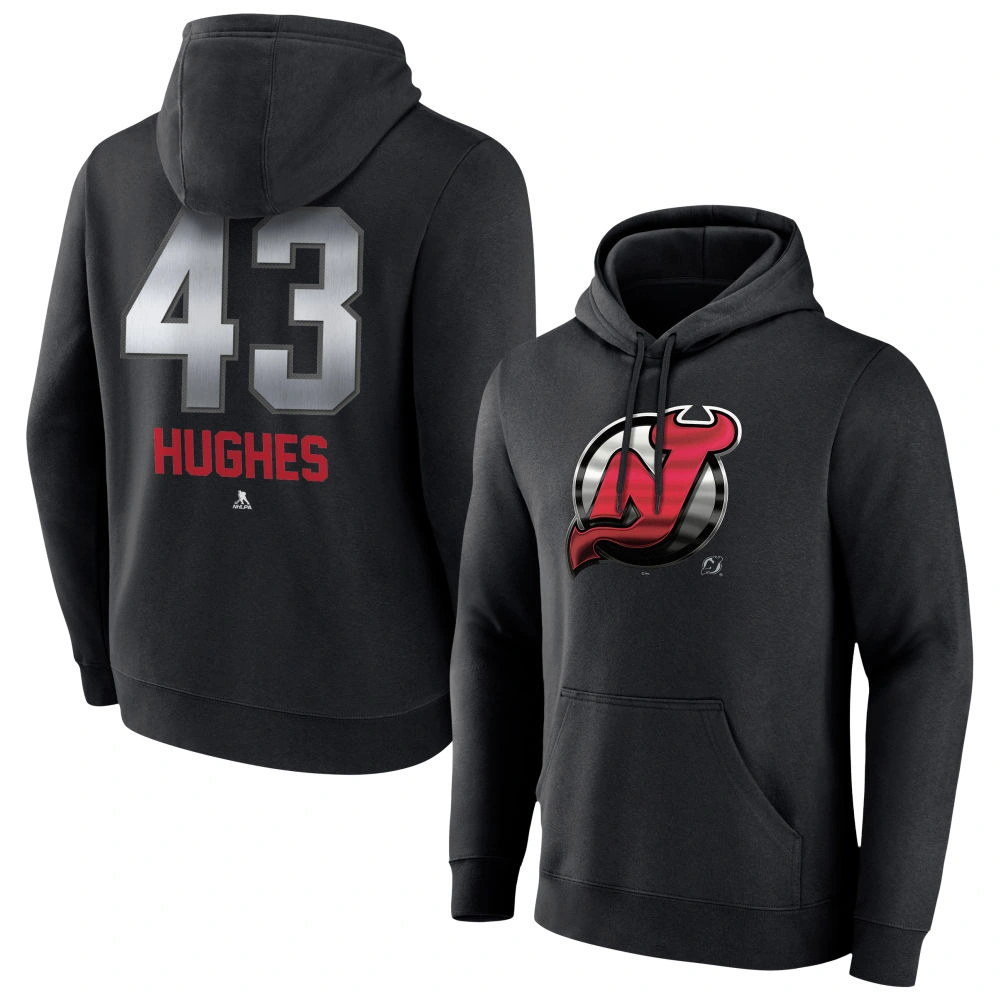 Men's New Jersey Devils Black Midnight Mascot Logo Luke Hughes Player Pullover Hoodie Men's New Jersey Devils Black Midnight Mascot Logo Luke Hughes Player Pullover Hoodie