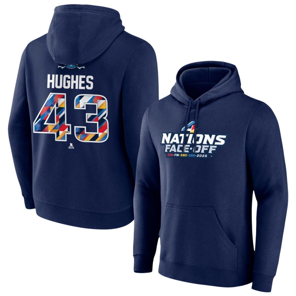 Men's 2025 Four Nations Face-Off Quinn Hughes Pullover Hoodie - Navy Men's 2025 Four Nations Face-Off Quinn Hughes Pullover Hoodie - Navy