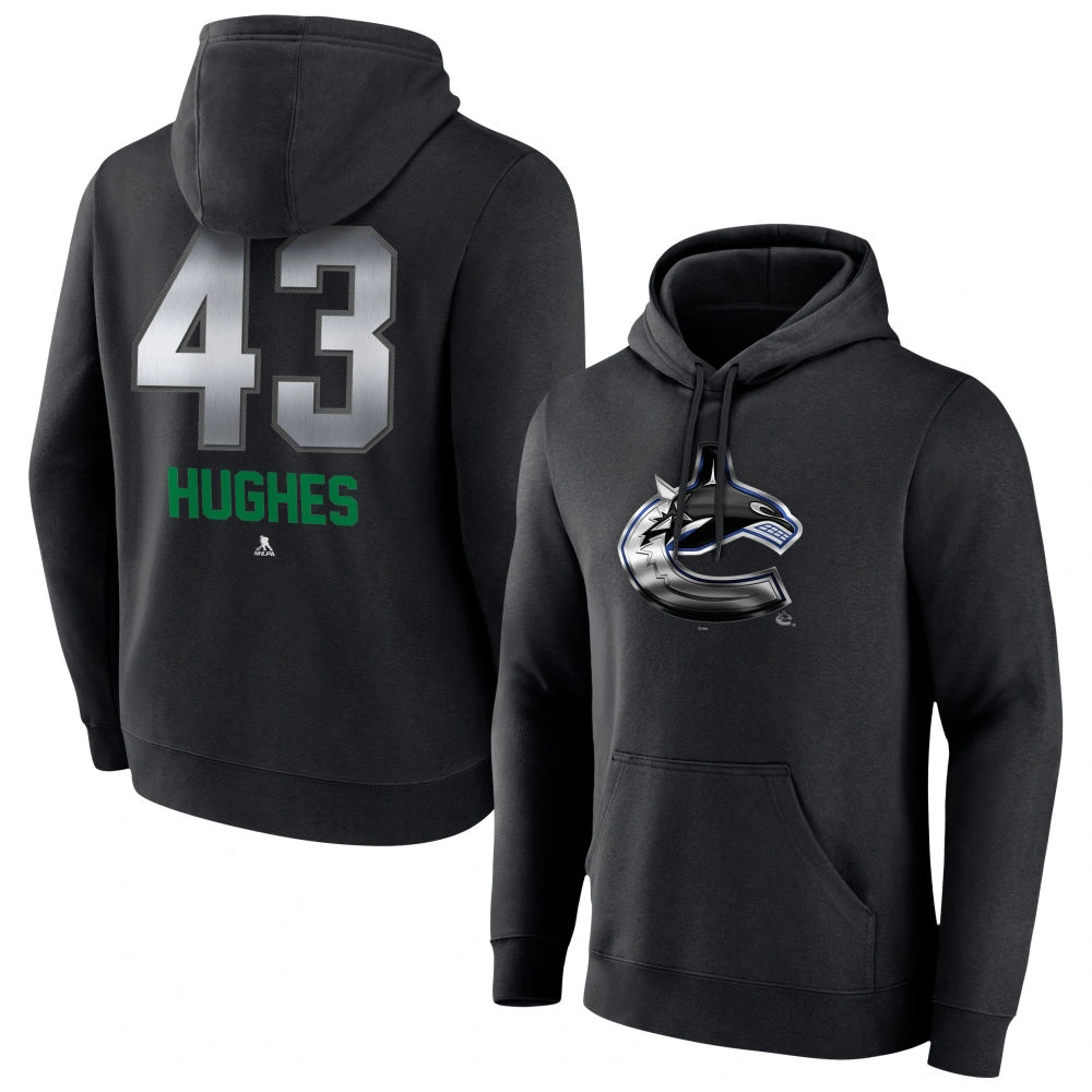 Youth Vancouver Canucks Black Midnight Mascot Logo Quinn Hughes Pullover Hoodie Youth Vancouver Canucks Black Midnight Mascot Logo Quinn Hughes Pullover Hoodie