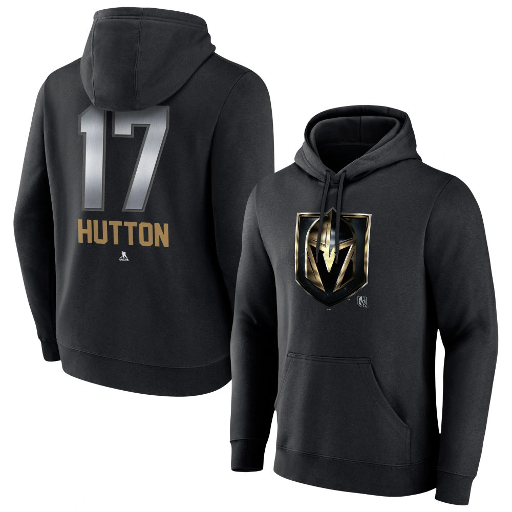 Men's Vegas Golden Knights Black Midnight Mascot Logo Ben Hutton Player Pullover Hoodie Men's Vegas Golden Knights Black Midnight Mascot Logo Ben Hutton Player Pullover Hoodie