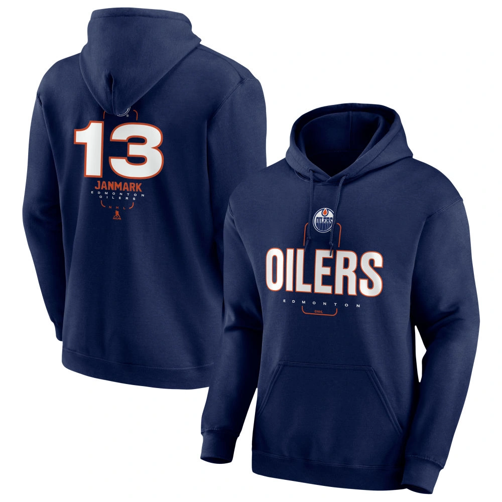 Men's Edmonton Oilers Navy Midfielder Mattias Janmark Player Pullover Hoodie Men's Edmonton Oilers Navy Midfielder Mattias Janmark Player Pullover Hoodie