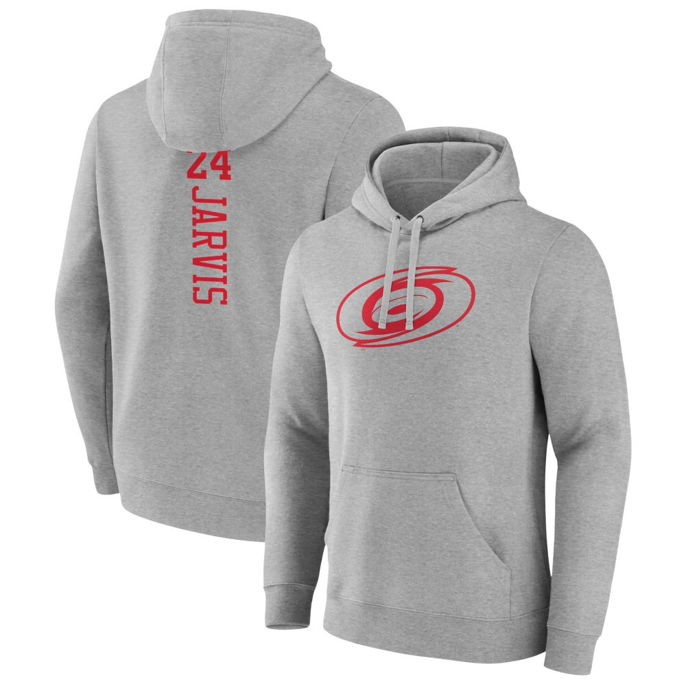 Men's Carolina Hurricanes Heather Gray Seth Jarvis Player Pullover Hoodie Men's Carolina Hurricanes Heather Gray Seth Jarvis Player Pullover Hoodie
