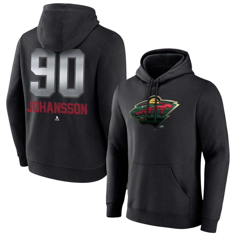Men's Minnesota Wild Black Midnight Mascot Logo Marcus Johansson Player Pullover Hoodie Men's Minnesota Wild Black Midnight Mascot Logo Marcus Johansson Player Pullover Hoodie