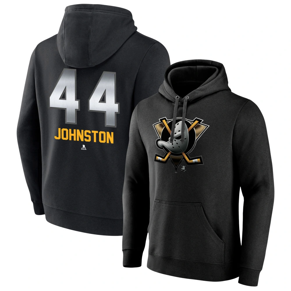 Men's Anaheim Ducks Black Midnight Mascot Logo Ross Johnston #44 Player Pullover Hoodie Men's Anaheim Ducks Black Midnight Mascot Logo Ross Johnston #44 Player Pullover Hoodie