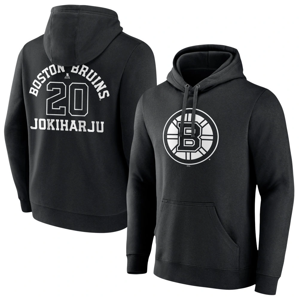 Youth Boston Bruins Black Monochrome Henri Jokiharju #20 Pullover Hoodie Youth Boston Bruins Black Monochrome Henri Jokiharju #20 Pullover Hoodie