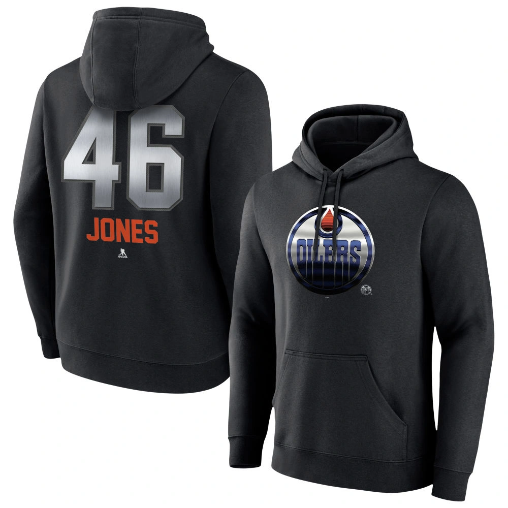 Men's Edmonton Oilers Black Midnight Mascot Logo Max Jones Player Pullover Hoodie Men's Edmonton Oilers Black Midnight Mascot Logo Max Jones Player Pullover Hoodie