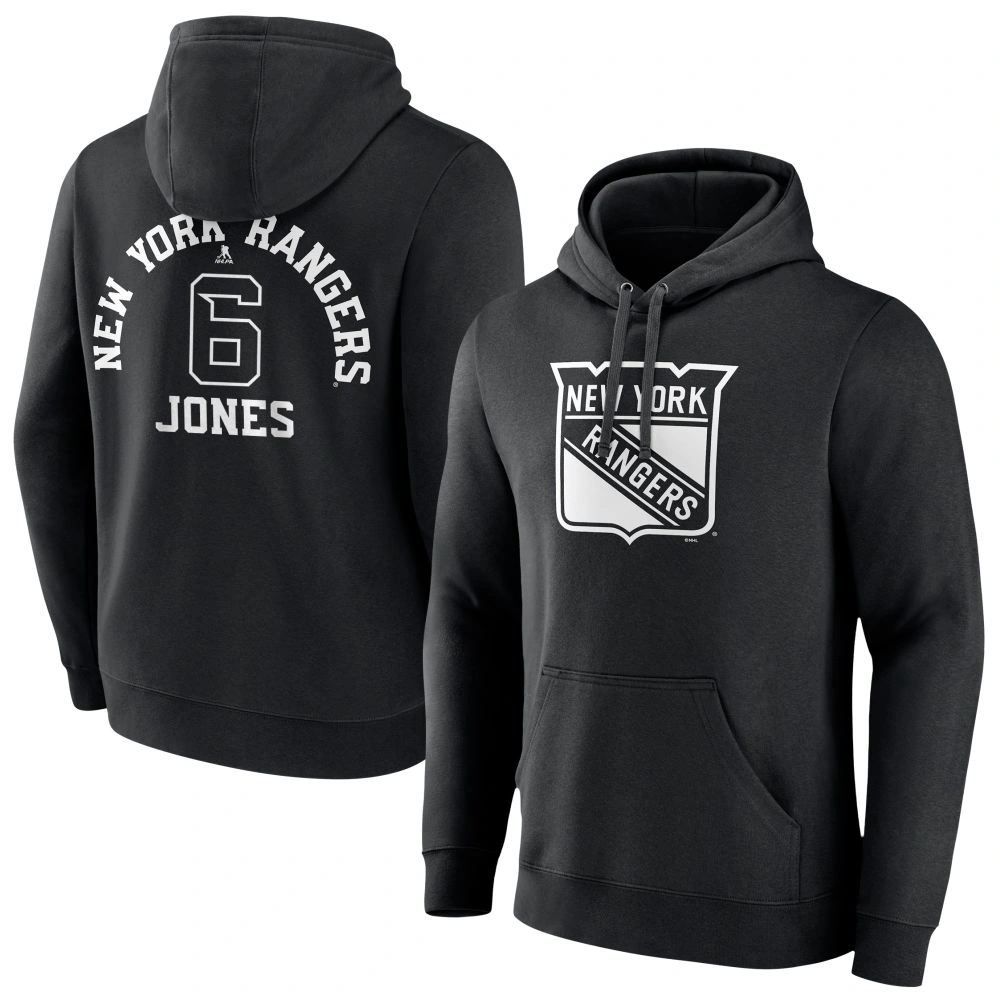Men's New York Rangers Black Monochrome Zac Jones Player Pullover Hoodie Men's New York Rangers Black Monochrome Zac Jones Player Pullover Hoodie