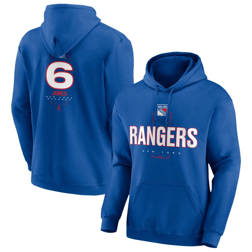 Men's New York Rangers Blue Midfielder Zac Jones Player Pullover Hoodie Men's New York Rangers Blue Midfielder Zac Jones Player Pullover Hoodie