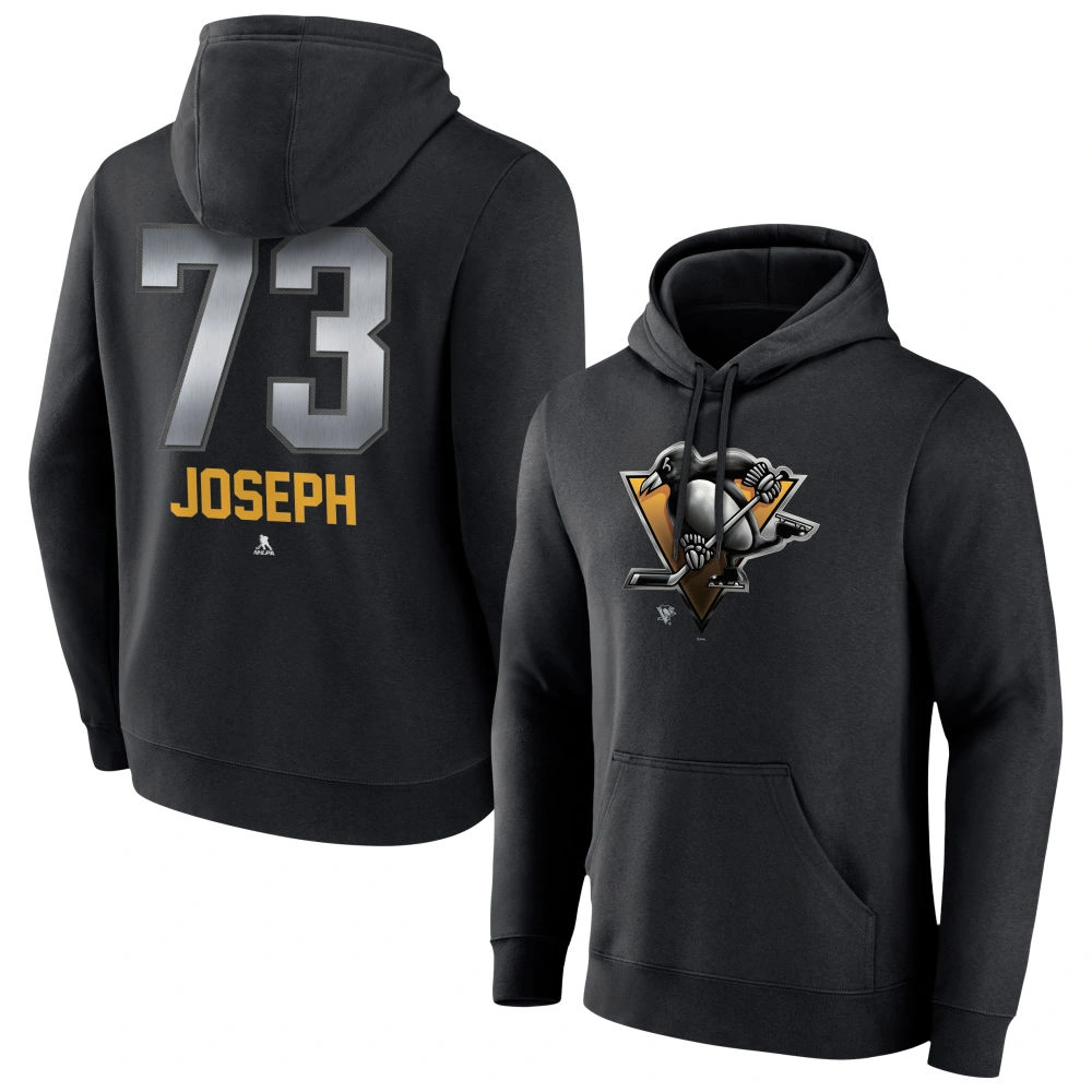 Men's Pittsburgh Penguins Black Midnight Mascot Logo Pierre Joseph 73 Player Pullover Hoodie