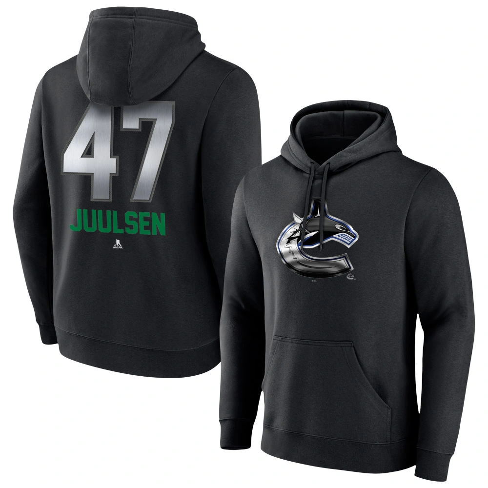 Men's Vancouver Canucks Black Midnight Mascot Logo Noah Juulsen Player Pullover Hoodie Men's Vancouver Canucks Black Midnight Mascot Logo Noah Juulsen Player Pullover Hoodie