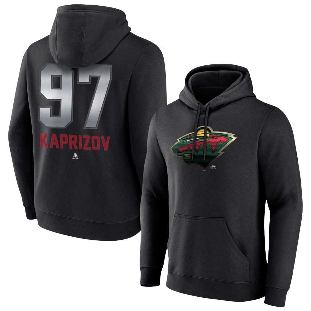 Men's Minnesota Wild Black Midnight Mascot Logo Kirill Kaprizov Player Pullover Hoodie Men's Minnesota Wild Black Midnight Mascot Logo Kirill Kaprizov Player Pullover Hoodie