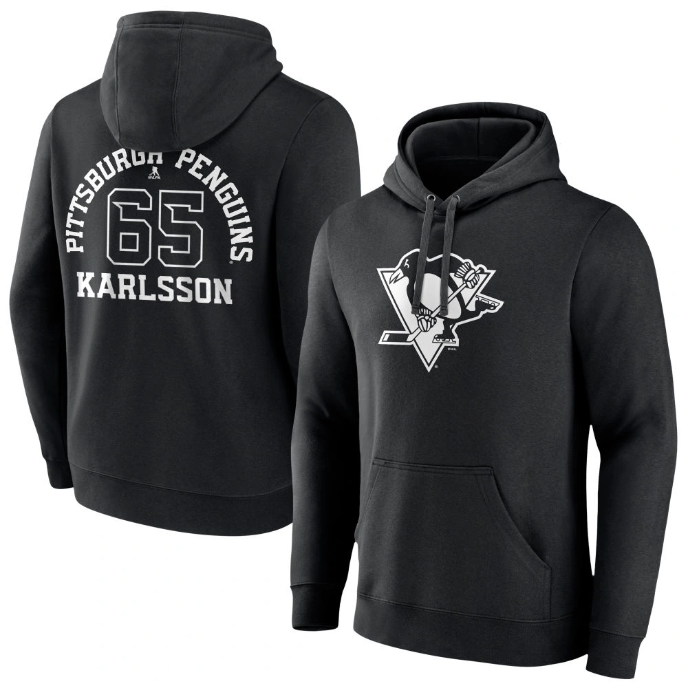 Men's Pittsburgh Penguins Black Monochrome Erik Karlsson Player Pullover Hoodie Men's Pittsburgh Penguins Black Monochrome Erik Karlsson Player Pullover Hoodie