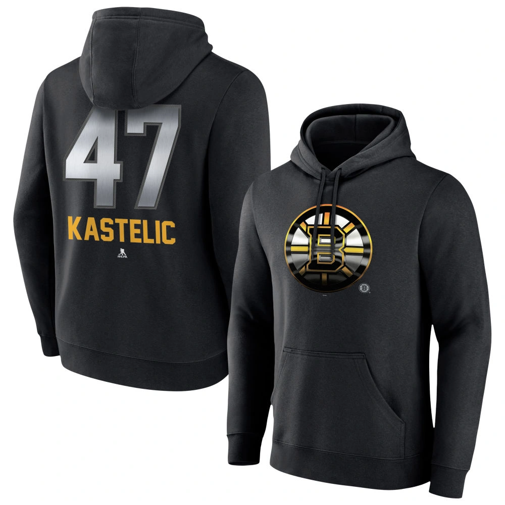 Men's Boston Bruins Black Midnight Mascot Logo Mark Kastelic #47 Player Pullover Hoodie Men's Boston Bruins Black Midnight Mascot Logo Mark Kastelic #47 Player Pullover Hoodie