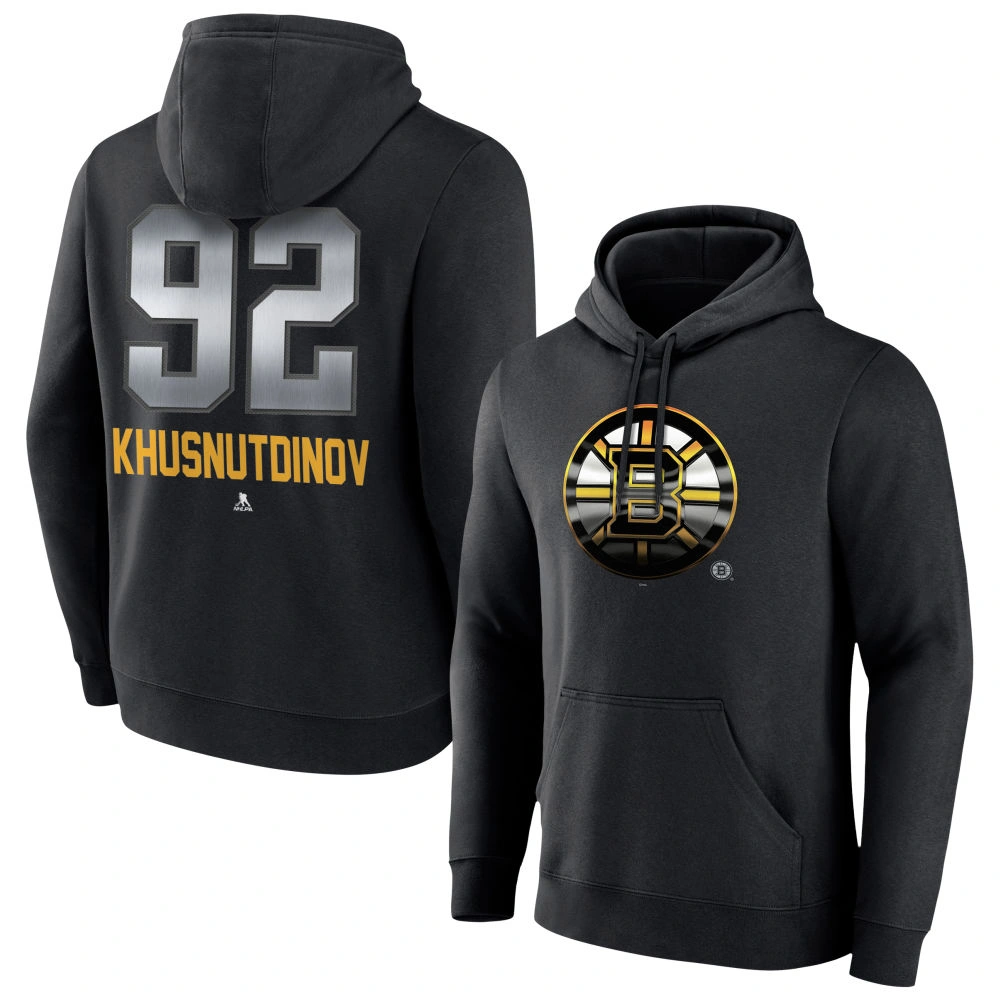 Men's Boston Bruins Black Midnight Mascot Logo Marat Khusnutdinov #92 Player Pullover Hoodie Men's Boston Bruins Black Midnight Mascot Logo Marat Khusnutdinov #92 Player Pullover Hoodie